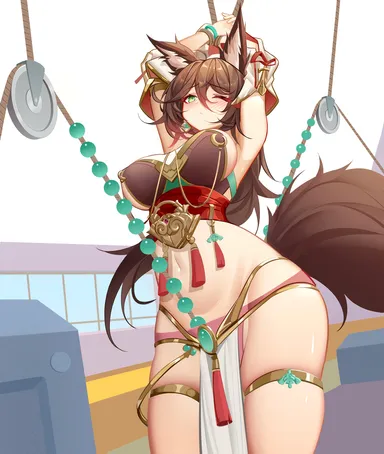 luai, honkai (series), honkai: star rail, tingyun (honkai: star rail), 1girls, animal ears, armpits, arms, arms behind head, arms up, beads, belly, belly button, blush, blush lines, bracelet, breasts, brown hair, closed mouth, clothed, clothing, covered breasts, crotch rope, detached sleeves, facing viewer, female, female focus, female only, fingers, front view, fully clothed, gold jewelry, green eyes, hair, hands, hands behind head, hands-free, hips, legs, legs together, light skin, long hair, looking at viewer, masturbation, navel, open eyes, panties, rope, rope bondage, rope harness, standing, tail, thighs, thin waist, tied up, topwear, waist, 2d, 2d (artwork), digital drawing (artwork), image