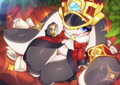 gofa, honkai: star rail, pom pom, pom-pom (honkai: star rail), ambiguous gender, blue eyes, furry, furry only, grey fur, hat, long ears, looking at viewer, thick thighs, wide hips, wide thighs