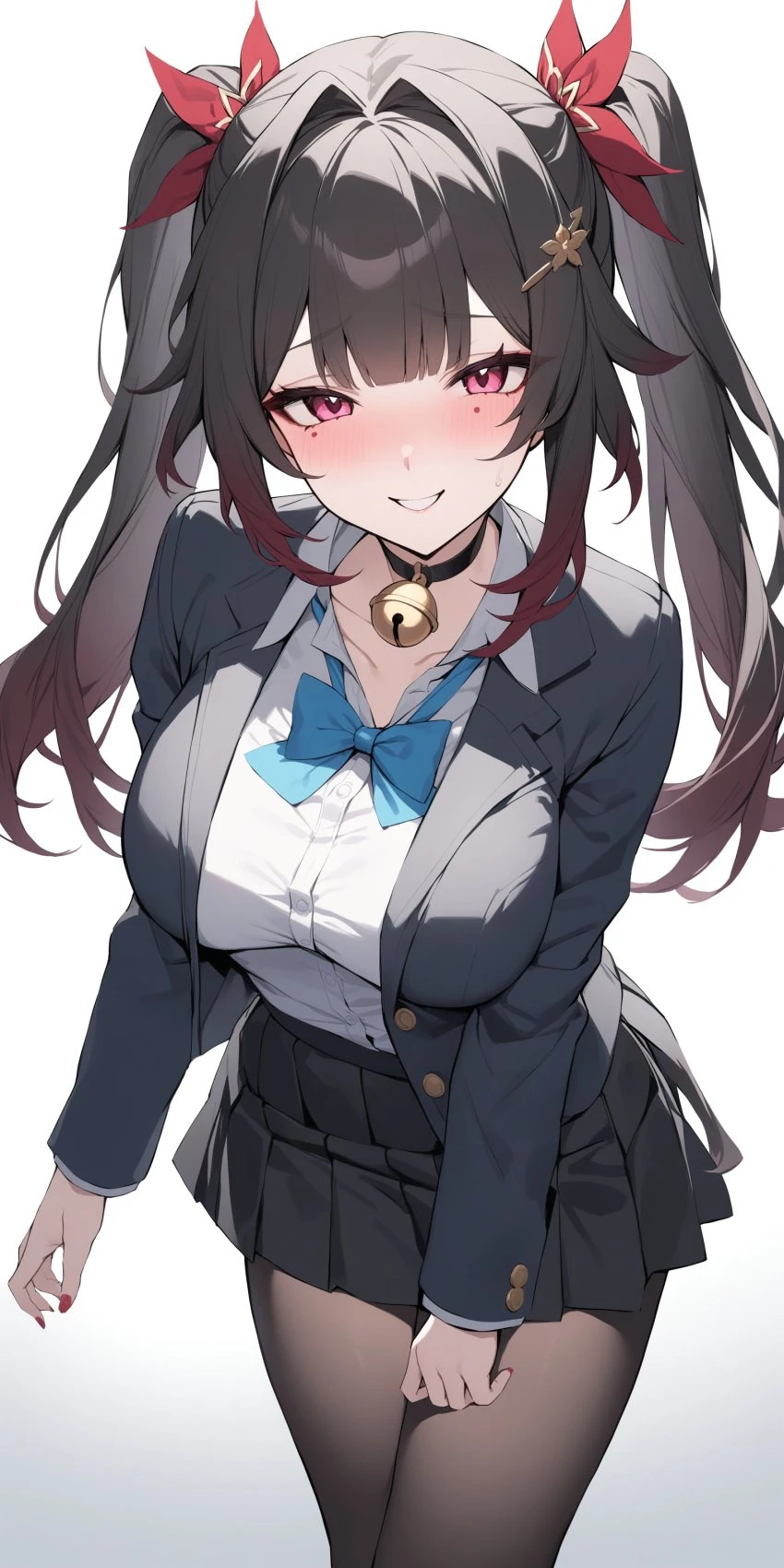 honkai: star rail, sparkle (honkai: star rail), 1girls, big breasts, brown hair, choker, clothing, legwear, long hair, naughty face, pink eyes, school uniform, seductive, skirt, teasing, thick thighs, voluptuous, ai generated, hi res