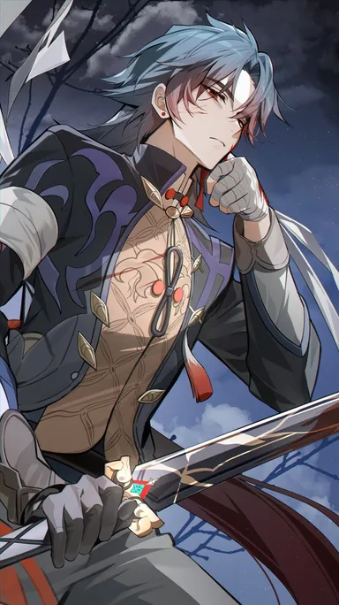 honkai (series), honkai: star rail, blade (honkai: star rail), 1boy, bandaged hand, bandages, black gloves, chinese clothes, closed mouth, earrings, eucha, expressionless, gloves, grey pants, holding, holding sword, holding weapon, jewelry, long hair, long sleeves, looking at viewer, male focus, night, outdoors, pants, parted bangs, red eyes, sword, upper body, weapon, highres