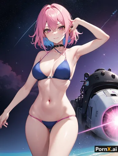 pornx.ai, honkai (series), honkai: star rail, march 7th (honkai: star rail), 1girls, armpits, bikini, blue hair, blush, choker, collarbone, looking at viewer, medium breasts, navel, pink eyes, pink hair, skindentation, skinny, smile, smiling, space, spacecraft, swimsuit, thin waist, ai generated