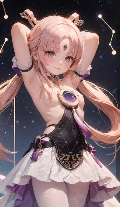 cortezian generations, honkai (series), honkai: star rail, patreon, fu xuan (honkai: star rail), 1girls, armpits, bare breasts, bare shoulders, blush, constellation, dress, female, flat chest, forehead jewel, gloves, gold eyes, hair ornament, hairbow, leash, long hair, low twintails, night sky, nipples, petite, pink hair, small breasts, smile, solo, stars, stockings, tassel, thick thighs, thighs, twintails, ai generated, hi res