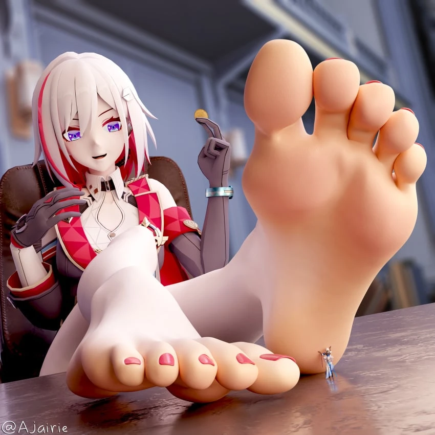 ajairie, honkai: star rail, bronya rand, topaz (honkai: star rail), 2girls, feet, feet up, foot fetish, foot worship, giantess, minigirl, purple eyes, red toenails, sitting, soles, toes, white hair