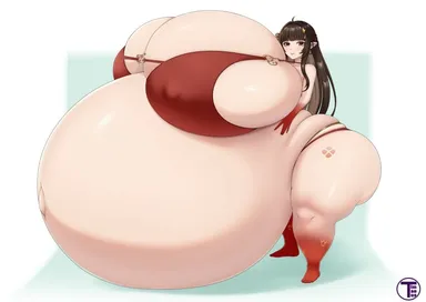 timaeus, honkai: star rail, lingsha (honkai: star rail), barefoot, bikini, colored skin, disproportional, full body, gigantic belly, gigantic breasts, hyper belly, hyper breasts, hyper pregnancy, looking at viewer, nipple bulge, pregnant, red bikini, red feet, smile, standing, logo