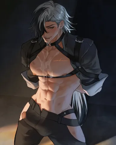  chamomilde, honkai (series), honkai: star rail, boothill (honkai: star rail), 1boy, abs, arms behind back, belt, bite mark, bite mark on pecs, bite mark on thigh, black belt, black collar, black jacket, black pants, black straps, blush, bondage, bound, bulge, chest harness, clothing cutout, collar, cowboy shot, cropped jacket, cum, cum in mouth, cum on body, ear piercing, earrings, erection, erection under clothes, gay, grey eyes, groin, hair over one eye, harness, jacket, jewelry, kneeling, long hair, looking at viewer, male focus, male only, mole, mole under eye, multicolored hair, nipples, one eye covered, open clothes, open jacket, open mouth, pants, pectoral cleavage, pectorals, penis, penis peek, piercing, single earring, solo, teeth, thigh belt, thigh cutout, thigh strap, two-tone hair, upper teeth only, white hair, white wrist cuffs, wrist cuffs, yaoi, commentary, english commentary, highres, signature