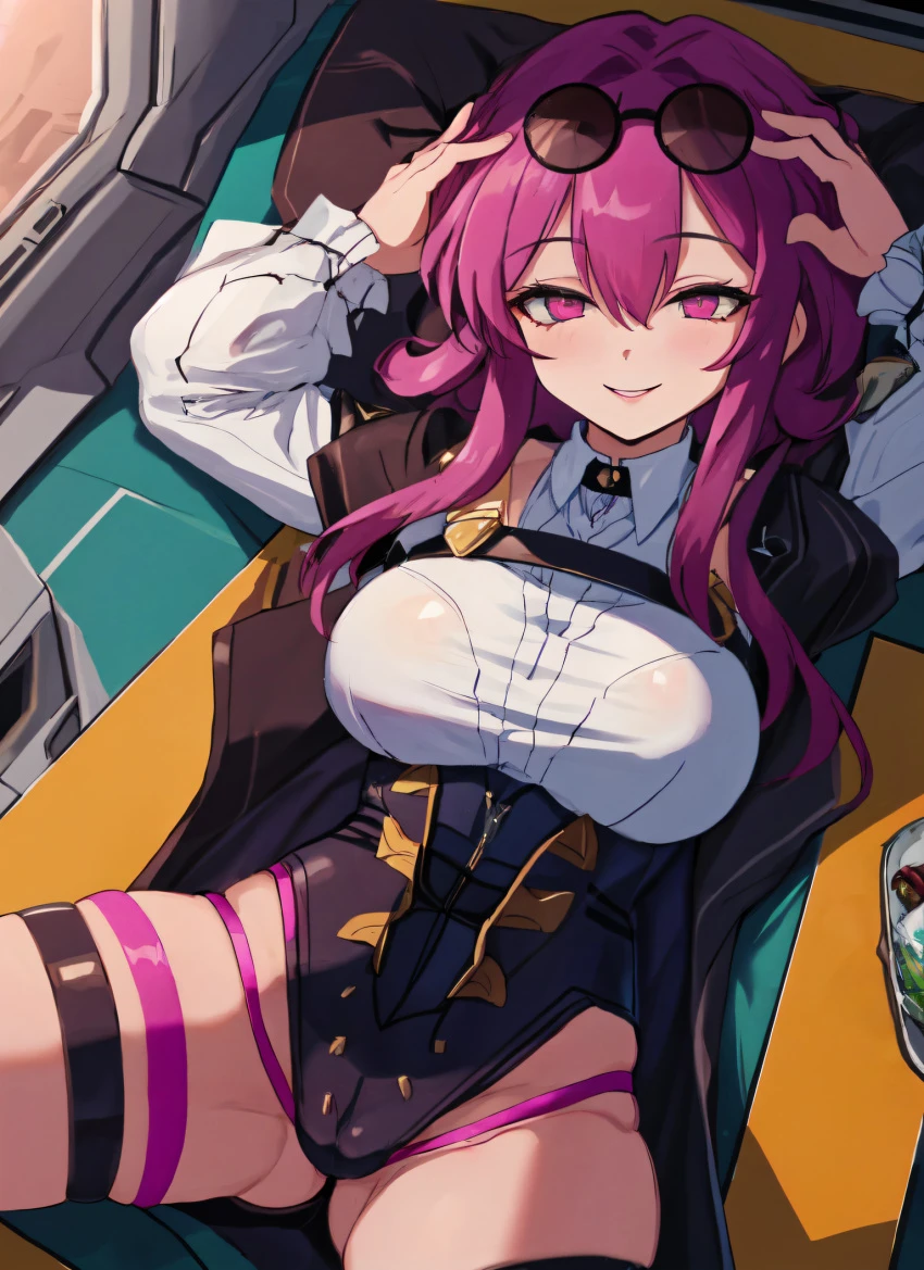 mabi ai, honkai: star rail, kafka (honkai: star rail), 1girls, archway of venus, big breasts, curvy, glasses on head, large breasts, leotard, lying, lying on back, parted lips, red eyes, red hair, slender waist, smile, spread legs, thick thighs, wide hips, ai generated, hi res