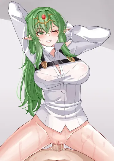 rynn (darknescorez), fire emblem, fire emblem awakening, honkai: star rail, nintendo, kafka (honkai: star rail) (cosplay), tiki (adult) (fire emblem), tiki (fire emblem), 1girls, cosplay, cowgirl position, green eyes, green hair, large breasts, male pov, one eye closed, pov, sweatdrop, vaginal penetration