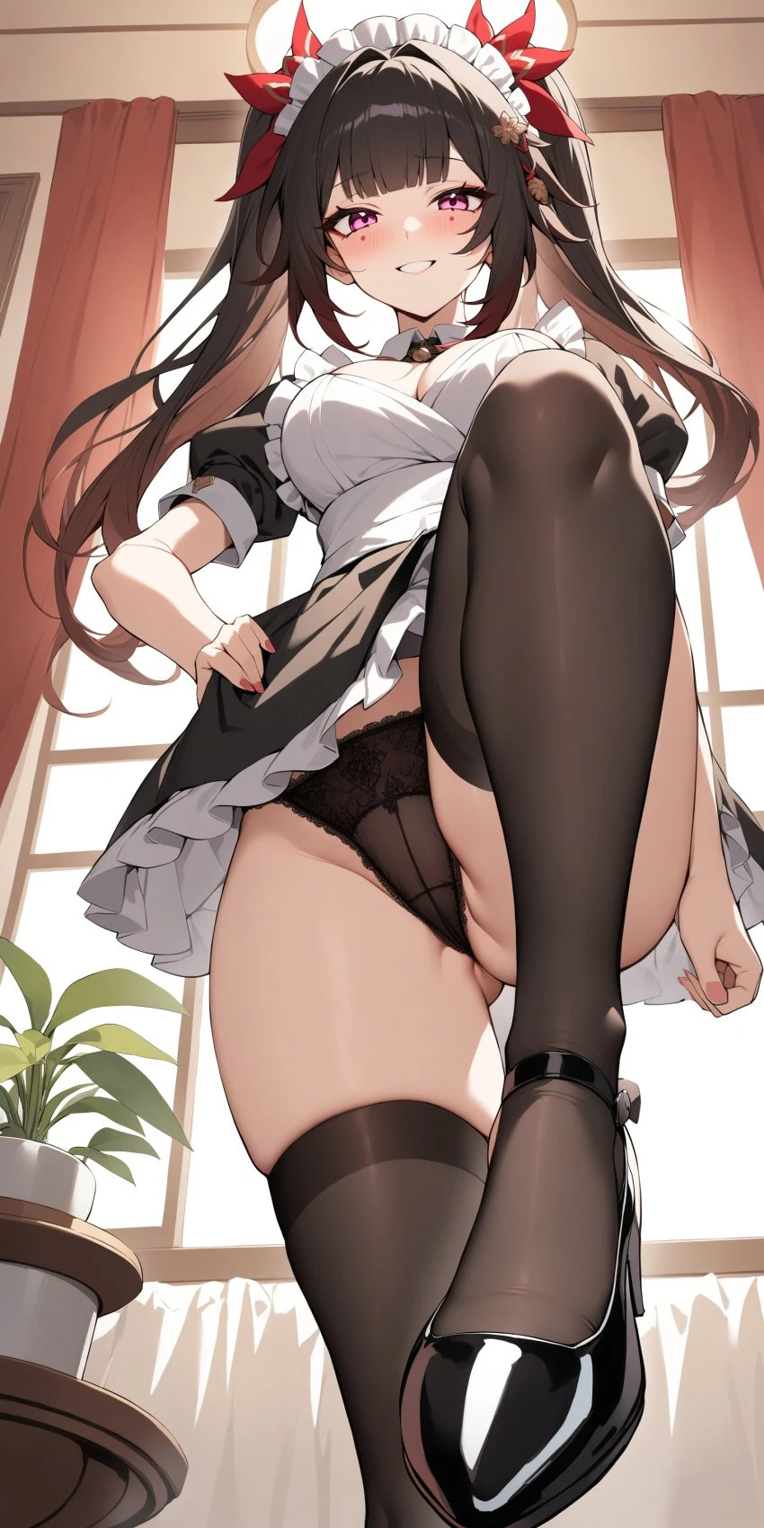 honkai: star rail, sparkle (honkai: star rail), 1girls, ass, big breasts, bra, brown hair, choker, clothing, dominant female, exhibitionism, legwear, long hair, maid, naughty face, panties, pink eyes, pussy, pussy lips, school uniform, skirt, skirt lift, teasing, thick thighs, upskirt, voluptuous, ai generated, hi res