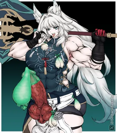 bellacabasada, honkai: star rail, feixiao (honkai: star rail), 1futa, abs, animal ears, animal genitalia, armpit stubble, balls, big breasts, breasts, clothed, clothing, condom, condom on penis, cum, cum in condom, erection, filled condom, futa only, futanari, gigantic penis, huge cock, kemonomimi, knot, large breasts, long hair, mostly clothed, muscular, muscular futanari, penis, penis out, skindentation, solo, standing, tight clothing, tongue, tongue out, white hair