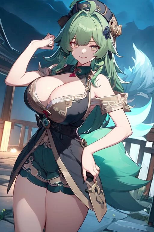 honkai (series), honkai: star rail, huohuo (honkai: star rail), 1girls, animal tail, female, female focus, female only, fox girl, fox tail, green hair, huge breasts, light skin, light-skinned female, long hair, looking at viewer, short dress, short shorts, shorts, smile, smiling, smiling at viewer, thick thighs, tight shorts, yellow eyes, ai generated, ai hands, tagme