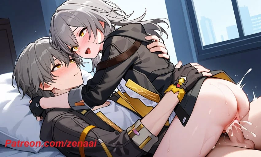 zenaai, honkai: star rail, patreon, caelus (honkai: star rail), stelle (honkai: star rail), 1boy, 1girls, ahe gao, ass, bed, bedroom, blush, cum, cumshot, grey hair, hug, open mouth, penis, riding penis, selfcest, sex, tongue, tongue out, ai generated