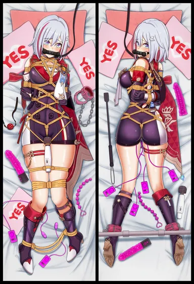 honkai (series), honkai: star rail, topaz (honkai: star rail), 1girls, ass, ass focus, bed, bit gag, bondage, bound, collar, gag, leash, leashed collar, pillow, pillows, vibrator, vibrator in pussy, white hair, dakimakura, dakimakura design