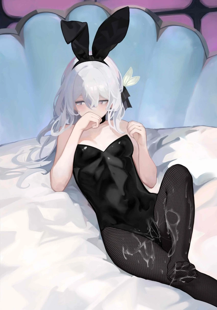 honkai (series), honkai: star rail, firefly (honkai: star rail), animal ears, bed, black hairband, black leotard, black ribbon, bunny ears, bunnysuit, covering own mouth, cum, cum on legs, fake animal ears, female, fishnet pantyhose, fishnets, hair ribbon, hairband, hands up, leotard, looking to the side, lying, on back, pantomime, pantyhose, playboy bunny, rabbit ears, ribbon, shell, solo, white hair, absurdres, chinese commentary, commentary request, highres, variant set