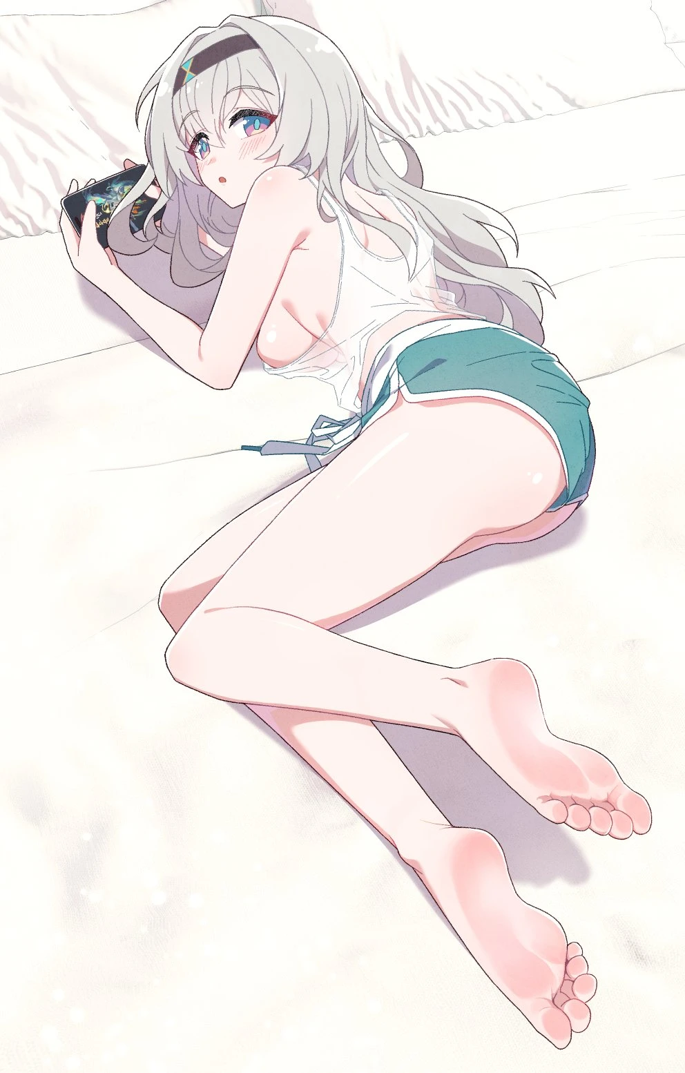 elien 0ii, honkai (series), honkai: star rail, firefly (honkai: star rail), 1girls, bare legs, barefoot, blush, breasts, feet, female, female only, gamer girl, grey hair, legs, lying, on bed, playing videogame, purple eyes, shorts, sideboob, soles, solo, tank top, toes