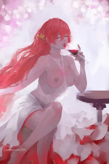 2bells1ravine, honkai (series), honkai: star rail, himeko (honkai: star rail), artistic nudity, bellybutton, breasts, closed eye, dress, hair between eyes, hair ornament, holding wine glass, legs, legs crossed, licking, long hair, medium breasts, nipples, red hair, shirt, tongue out, topless, wine, wine glass, first porn of character, painting (artwork)