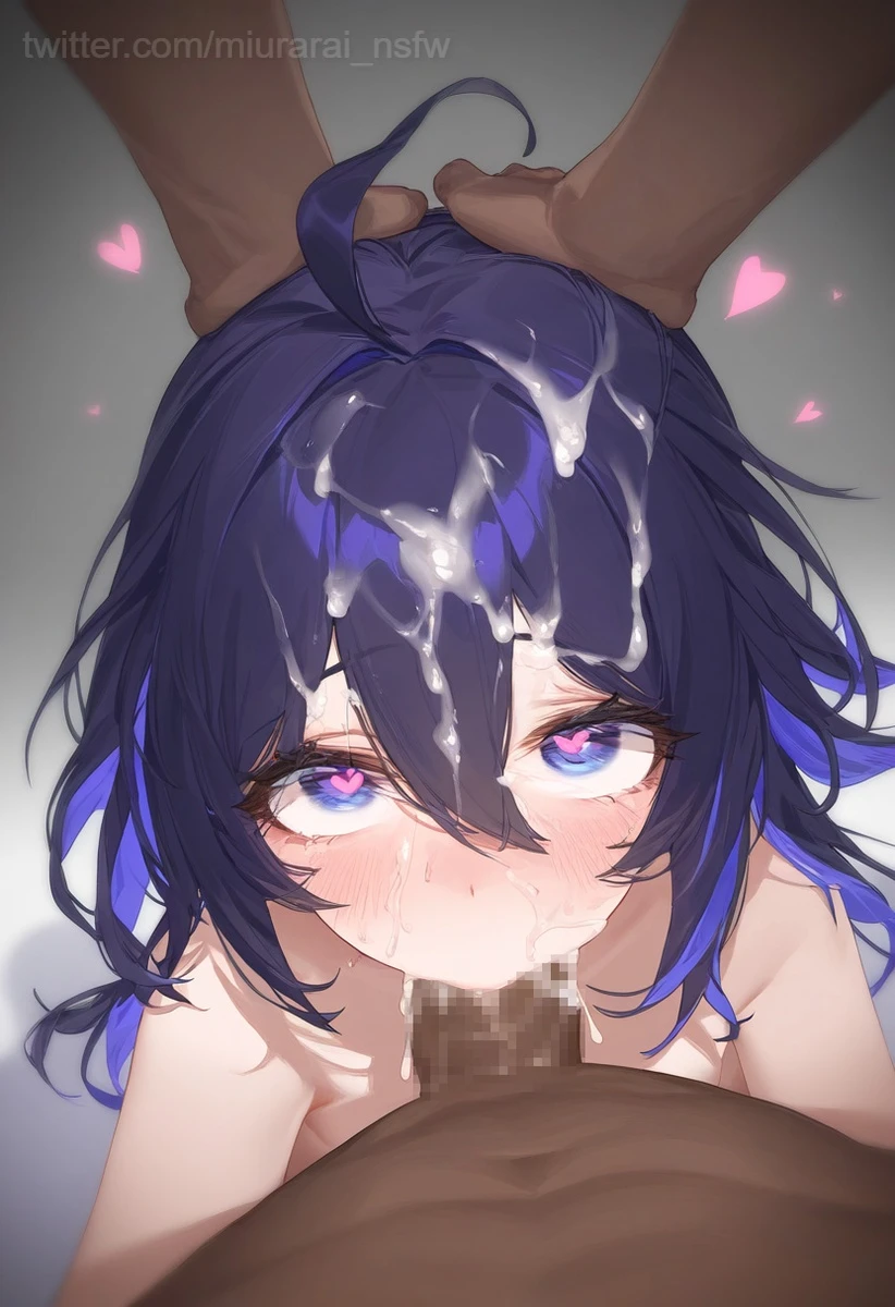 miurai, honkai: star rail, seele (honkai: star rail), 1girls, black hair, blowjob, blowjob face, blue eyes, blush, cum, cum in mouth, cum on face, cum on hair, dark-skinned male, fellatio, hands on head, heart, heart in eye, heart-shaped pupils, interracial, looking at viewer, oral, oral penetration, oral sex, ai generated, censored