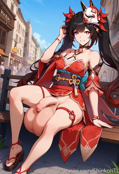 shinkoritl, honkai (series), honkai: star rail, hoyoverse, sparkle (honkai: star rail), 1futa, arm strap, armpits, balls bigger than penis, bangs, bells, big areola, big ass, big balls, big nipples, black hair, bracelet, casual, casual exposure, choker, dark hair, detached sleeves, exposed balls, exposed testicles, flaccid, flaccid penis, foreskin, futa only, futanari, geta, gradient hair, hair, hair ornament, harness, huge balls, hyper balls, hyper testicles, jewelry, kimono, kimono open, long hair, looking at viewer, mask, mask on head, nipples, public exposure, public nudity, puffy nipples, red eyes, sandals, sidelocks, sitting on bench, smile, solo, solo focus, solo futa, tattoo, thick thighs, thigh strap, twintails, two tone hair, wide hips, ai generated