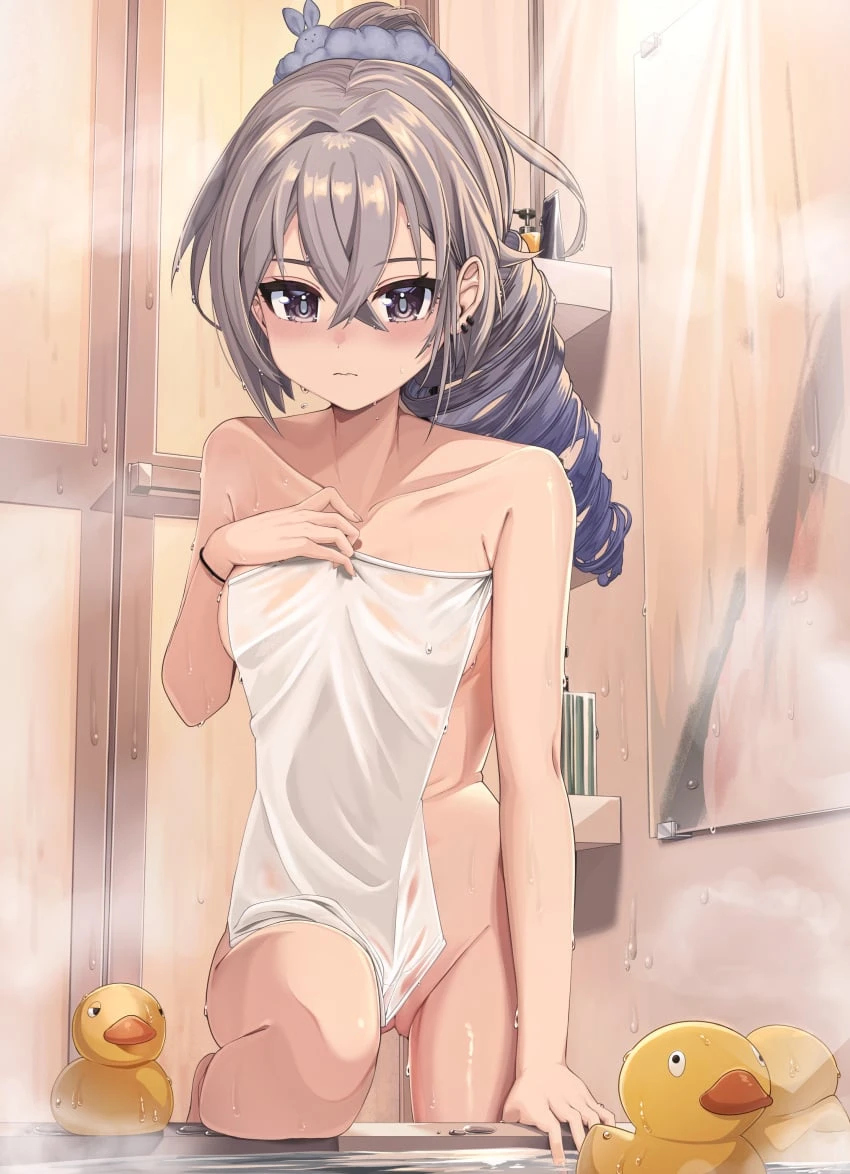 honkai (series), honkai: star rail, silver wolf (honkai: star rail), baba kirika, bath, bathroom, breasts, closed mouth, collarbone, comiket 105, crossed bangs, drill hair, drill ponytail, ear piercing, female, grey eyes, grey hair, hair between eyes, hair tie, hair tie on wrist, hand up, indoors, looking at viewer, medium breasts, naked towel, piercing, pussy, rubber duck, single drill, soap bottle, solo, standing, steam, towel, water, wavy mouth, wet, absurdres, commentary request, highres, paid reward available