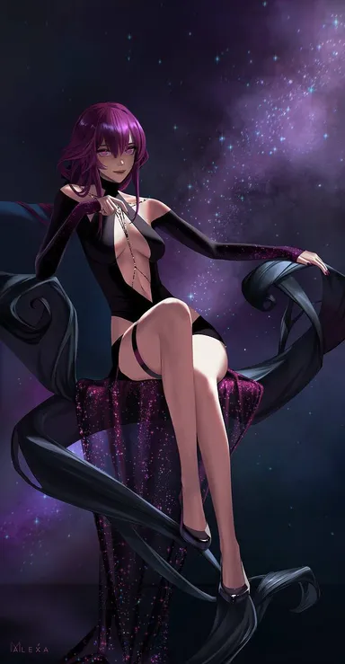 m alexa, honkai (series), honkai: star rail, kafka (honkai: star rail), 1girls, black dress, cleavage, long dress, medium breasts, no bra, no panties, purple eyes, purple hair, space, tagme