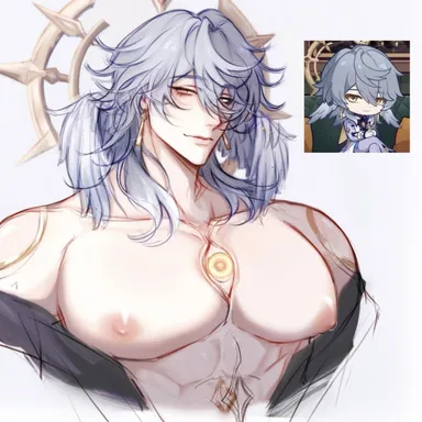 honkai: star rail, sunday (honkai: star rail), abs, blue hair, breasts, chest, eyes, jacket, large pectorals, looking at viewer, male, male boobs, male focus, male only, male tits, muscular, muscular male, nipples, open jacket, pecs, pectorals, sketch