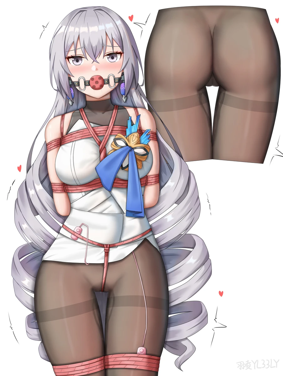 honkai (series), honkai: star rail, bronya rand, ass, ass focus, ball gag, bondage, crotch rope, gag, heart, silver hair, thighhighs, tied up, vibrator, vibrator cord, vibrator in thighhighs