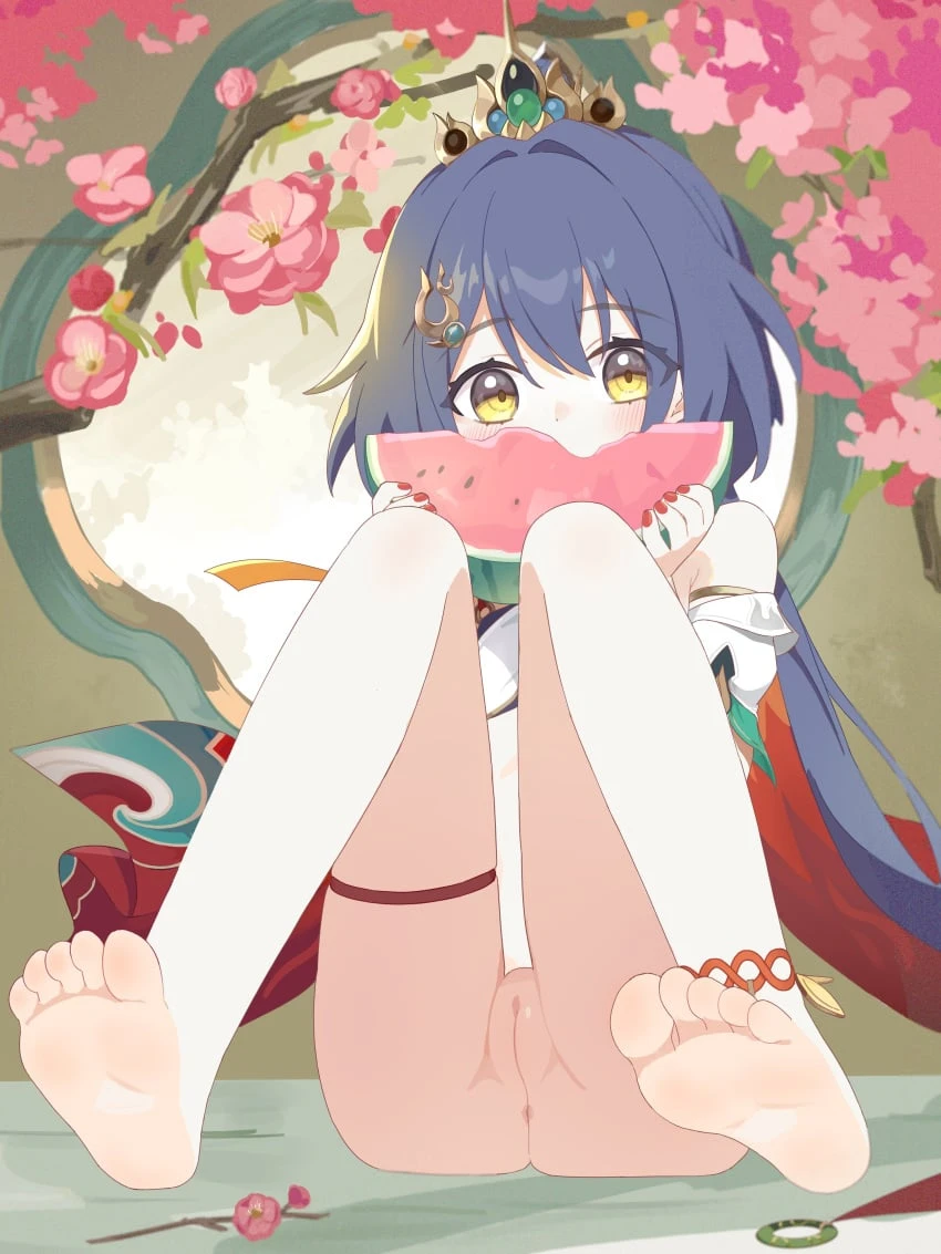 honkai (series), honkai: star rail, yunli (honkai: star rail), anus, ass, barefoot, blue hair, blush, bottomless, cherry blossoms, chinese clothes, eating, eyebrows hidden by hair, female, food, fruit, full body, hair between eyes, holding, holding food, holding fruit, holding watermelon, long hair, looking at viewer, mou banlangen, nail polish, pussy, sitting, soles, solo, thigh strap, toes, watermelon, watermelon slice, yellow eyes, absurdres, highres