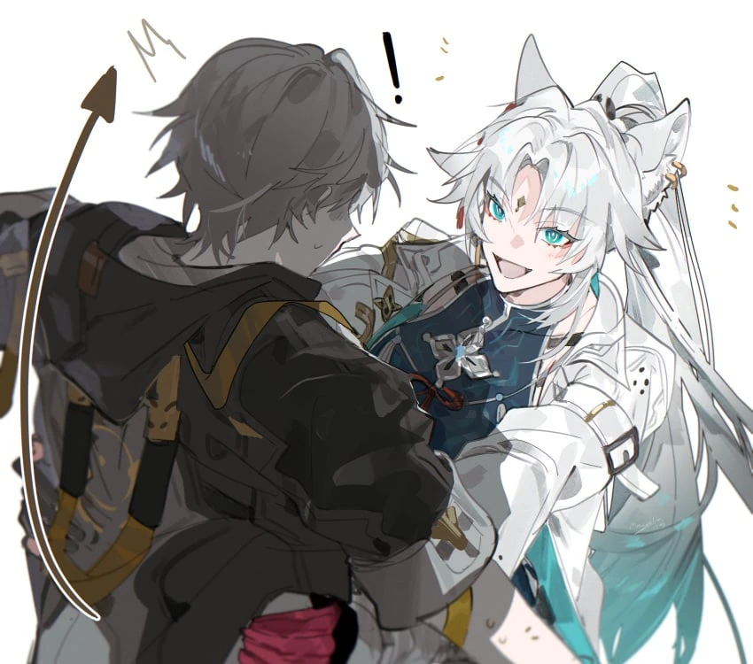 honkai (series), honkai: star rail, hoyoverse, caelus (honkai: star rail), feixiao (honkai: star rail), trailblazer (honkai: star rail), blue eyes, carrying, carrying another, carrying partner, cloth, clothed, clothes, clothing, fox, fox ears, fox girl, gloves, grey hair, jacket, larger female, magnolia29, nervous, smaller male, stronger female, sweatdrop, taller female, white hair