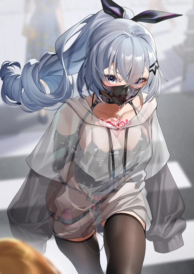 ginklaga, honkai (series), honkai: star rail, silver wolf (honkai: star rail), ball gag, bondage, bondage outfit, bound, bound arms, breasts, chest tattoo, corset, female, gag, gagged, grey eyes, grey hair, grey shirt, hair ornament, hair ribbon, hairclip, long hair, looking at viewer, mask, medium breasts, mouth mask, ponytail, pussy juice, ribbon, saliva drip, shirt, solo focus, stealth bondage, tattoo, thighhighs, vibrator in thigh strap, wiffle gag, x-ray