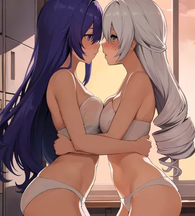 mikhdrag, honkai (series), honkai: star rail, bronya rand, seele (honkai: star rail), 2girls, blush, bra, breasts, duo, grey eyes, indoors, light skin, light-skinned female, long hair, medium breasts, multiple girls, panties, purple hair, standing, symmetrical docking, white bra, white hair, white panties, yuri, hi res