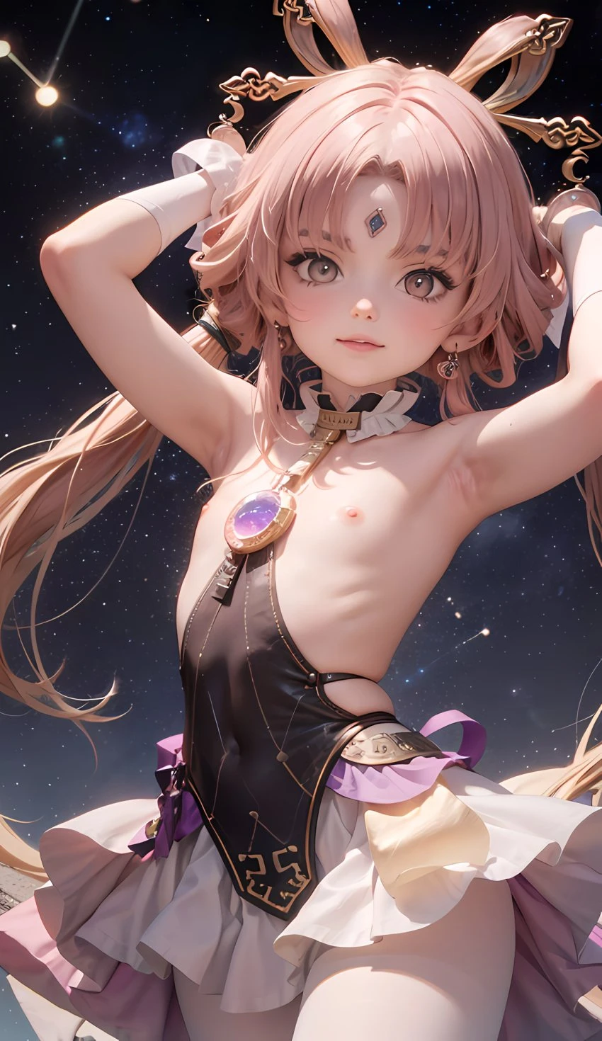 cortezian generations, honkai (series), honkai: star rail, patreon, fu xuan (honkai: star rail), 1girls, armpits, bare breasts, bare shoulders, blush, constellation, dress, female, flat chest, forehead jewel, gloves, gold eyes, hair ornament, hairbow, leash, long hair, low twintails, night sky, nipples, petite, pink hair, small breasts, smile, solo, stars, stockings, tassel, thick thighs, thighs, twintails, ai generated, hi res