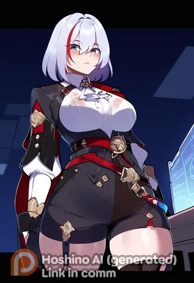 hoshino ai (generated), honkai (series), honkai: star rail, topaz (honkai: star rail), 1boy, big breasts, bob cut, female, looking at viewer, naughty face, orgasm, red hair, short hair, solo, standing, thick thighs, wet, white hair, ai generated, highres, portrait, thiccwithaq (ai style)