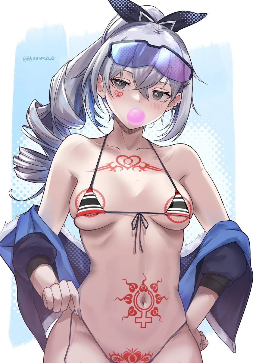 honkai: star rail, silver wolf (honkai: star rail), bubble gum, eyewear on head, micro bikini, queen of hearts, small breasts, sunglasses on head, taking off panties, edit, signature, third-party edit