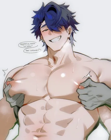 maemoooo, honkai: star rail, sampo (honkai star rail), abs, big pecs, blue hair, from behind, grope, groping, groping from behind, groping pecs, hair between eyes, male, male focus, male only, male tits, moobs, multicolored hair, muscular, muscular male, nipple play, nipples, pecs, smile, smiling, solo, solo male, sweat, sweating, teeth