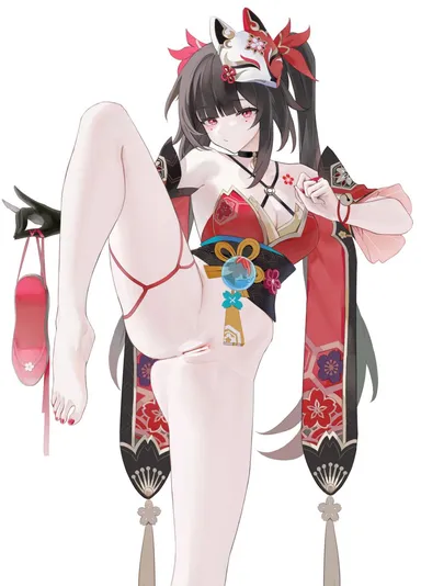 liangfen, honkai (series), honkai: star rail, sparkle (honkai: star rail), bare shoulders, barefoot, bell, black choker, bow, breasts, choker, dress, female, gloves, hairbow, legs up, long hair, looking at viewer, mask, mask on head, neck bell, pink eyes, red bow, red dress, sleeveless, smile, solo, twintails, bar censor, censored, highres