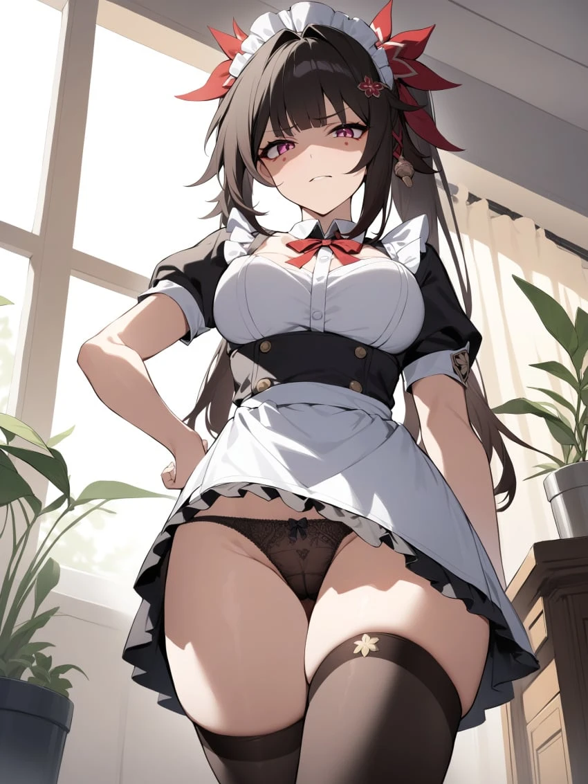 honkai: star rail, sparkle (honkai: star rail), 1girls, ass, big breasts, bra, brown hair, choker, clothing, dominant female, exhibitionism, legwear, long hair, maid, naughty face, panties, pink eyes, pussy, pussy lips, school uniform, skirt, skirt lift, teasing, thick thighs, upskirt, voluptuous, ai generated, hi res