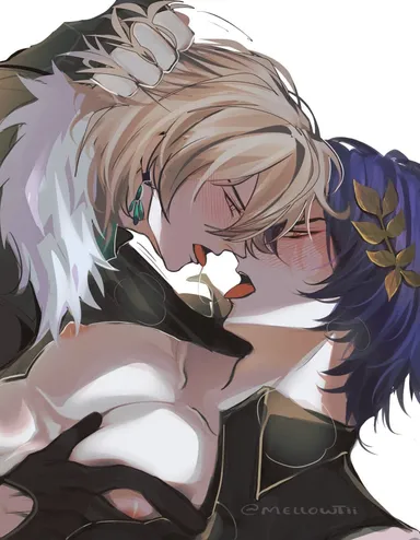 honkai (series), honkai: star rail, aventurine (honkai: star rail), dr. ratio (honkai: star rail), blonde hair, blue hair, groping, hair pull, male only, male/male, pecs, saliva string, tongue