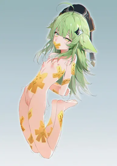 yongchutafei, honkai (series), honkai: star rail, huohuo (honkai: star rail), ahoge, animal ears, arms behind back, breasts, covered mouth, female, fox ears, full body, gradient background, green eyes, green hair, hat, linea alba, long hair, motion lines, nipples, pussy, small breasts, solo, talisman, twitching, wince, absurdres, highres