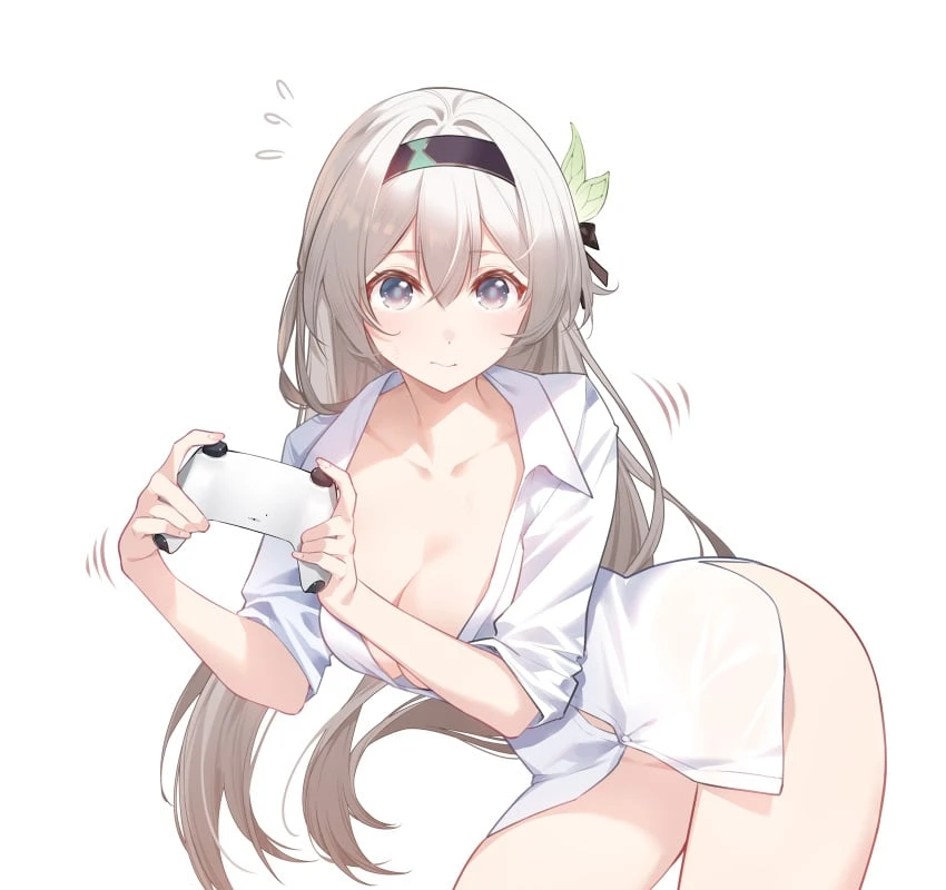 honkai: star rail, firefly (honkai: star rail), ass visible through thighs, bent over, cleavage, closed mouth, collared shirt, embarrassed, gaming, handheld game console, large ass, large breasts, looking back, naked shirt, no panties, simple background, suprised, suprised eyes, suprised look, sweatdrop, thick thighs, white background, white shirt, wide hips