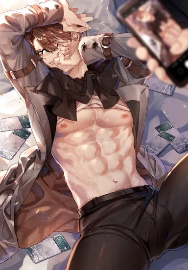 honkai impact 3rd, honkai: star rail, welt yang (honkai: star rail), abs, bedroom, brown hair, bulge through clothing, covering self, nipples, partially clothed, pecs, recording, shy, sweat, taking picture, technically also hi3, upper body