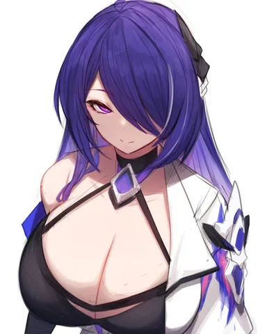 rikuguma, honkai (series), honkai: star rail, acheron (honkai: star rail), 1girls, calm, cleavage, cleavage cutout, cleavage overflow, female, female focus, female only, hair, large breasts, light skin, light-skinned female, long hair, looking at viewer, looking up, one eye closed, one eye covered, one eye obstructed, purple eyes, purple hair, smile, smiling, smiling at viewer, tagme