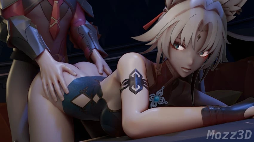 honkai: star rail, hoyoverse, mihoyo, feixiao (honkai: star rail), ipc grunt (honkai: star rail), 1boy, 1girls, ass, ass grab, ass up, bent over, doggy style, fat ass, female focus, female penetrated, from behind, from behind position, grey hair, hair, light skin, light-skinned female, light-skinned male, looking back, male penetrating, male penetrating female, male/female, no panties, sex, sex from behind