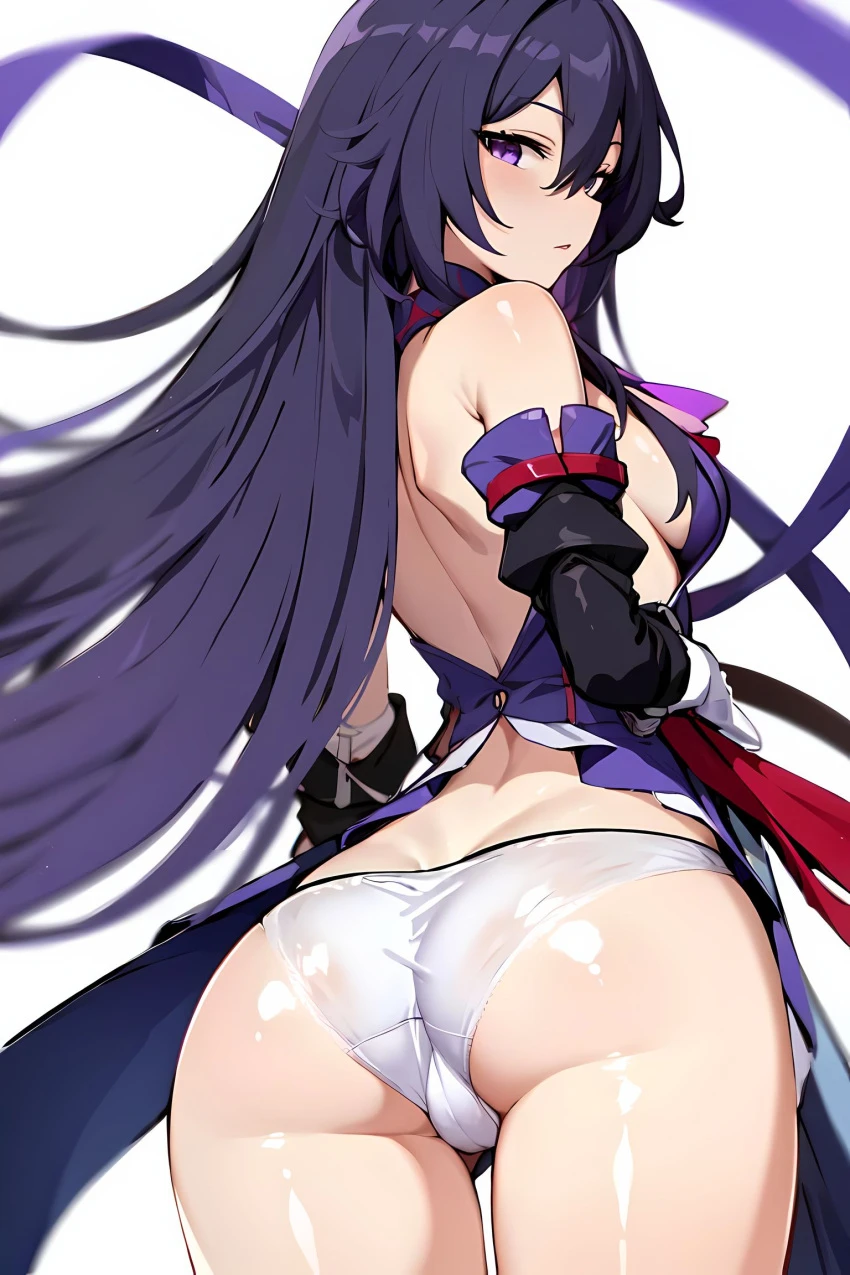 stable diffusion, honkai (series), honkai: star rail, seele (honkai: star rail), 1girls, big ass, curvy body, curvy female, curvy figure, female penetrated, long hair, looking at viewer, looking back at viewer, panties, purple eyes, purple hair, solo female, solo focus, ai generated