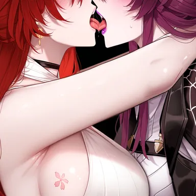 honkai (series), honkai: star rail, hoyoverse, himeko (honkai: star rail), kafka (honkai: star rail), 2girls, big breasts, enemies to lovers, female only, kissing, lesbian, lesbian kiss, lesbians, mommy, purple hair, red hair, saliva, yuri, ai generated