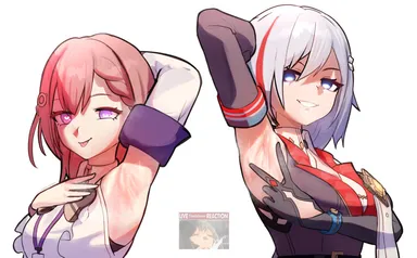 pennyjoyr, honkai (series), honkai: star rail, asta (honkai: star rail), topaz (honkai: star rail), 2girls, armpits, blue eyes, clothed, fully clothed, gloves, heart-shaped pupils, light skin, light-skinned female, looking at viewer, medium hair, pink hair, presenting, purple eyes, smile, tongue out, white background, white hair