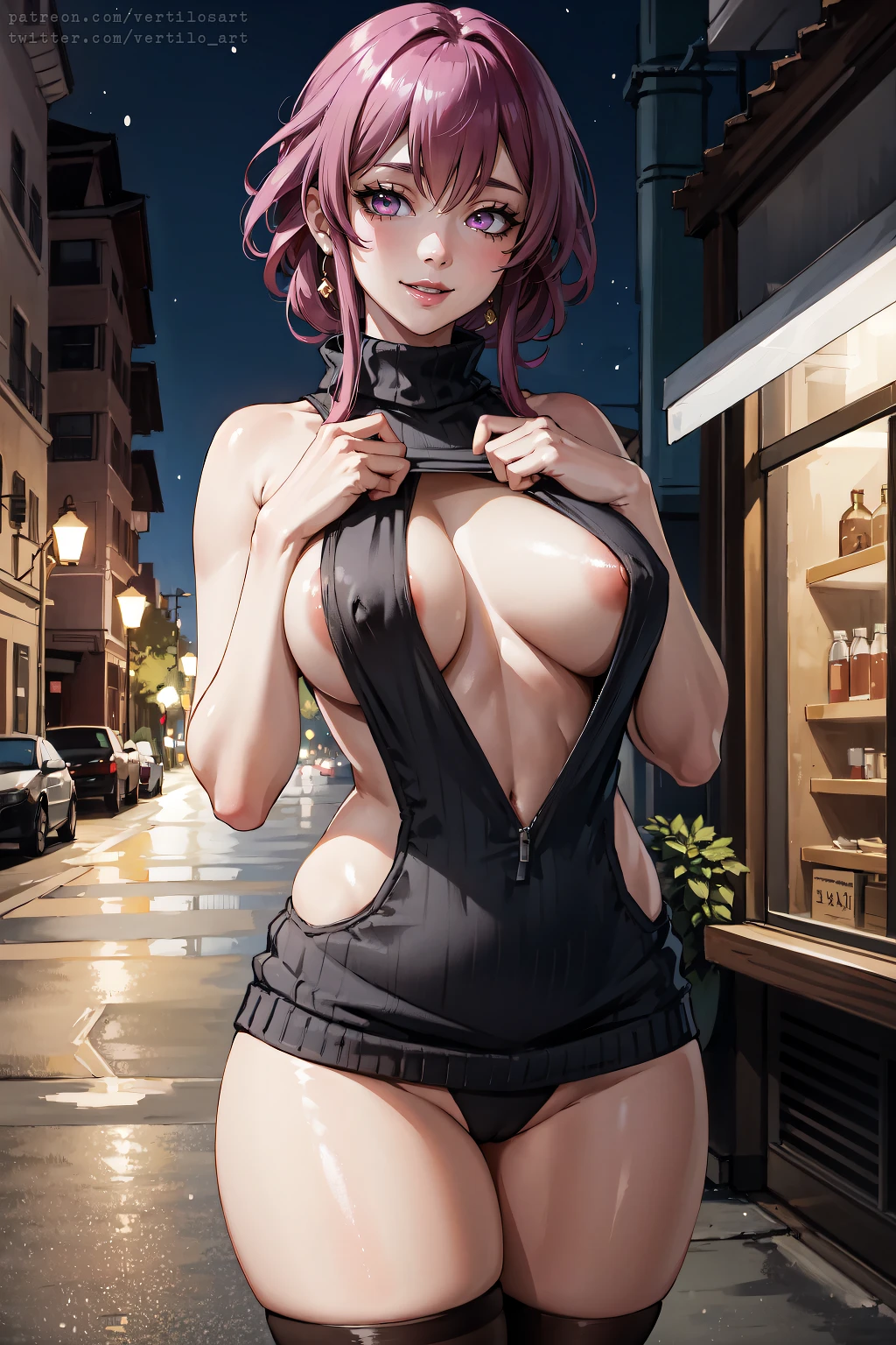 vertiloart, honkai: star rail, kafka (honkai: star rail), 1girls, areola slip, large breasts, sideboob, solo, standing, virgin killer sweater, ai generated, tagme