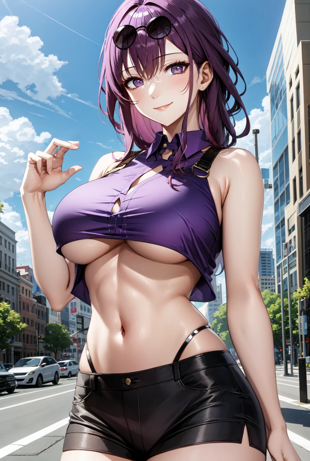 stable diffusion, honkai: star rail, kafka (honkai: star rail), 1girls, curvaceous, curvy female, curvy figure, eyewear on head, seductive look, solo, sunglasses on head, voluptuous, voluptuous female, ai generated