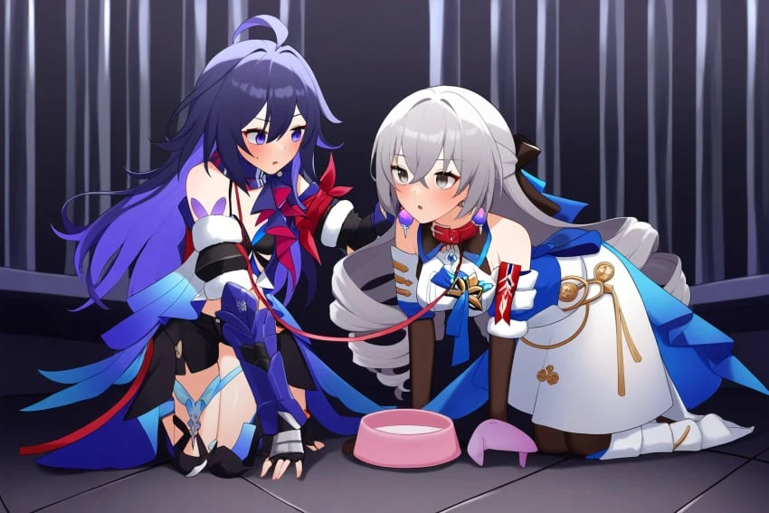 tiques, honkai (series), honkai: star rail, bronya rand, seele (honkai: star rail), 2girls, bondage, cage, caged, collar, collar and leash, crawling, leash, leash and collar, leashed collar, pet, pet bowl, pet play, petplay, ai generated, novelai