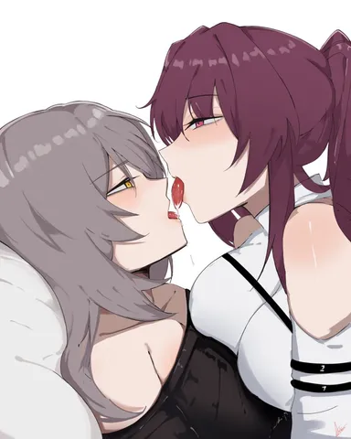 arnkun, honkai (series), honkai: star rail, kafka (honkai: star rail), stelle (honkai: star rail), trailblazer (honkai: star rail), 2girls, bare shoulders, black shirt, blush, breast-to-breast, breasts, french kiss, grey hair, imminent kiss, kissing, large breasts, long hair, multiple girls, open mouth, pillow, ponytail, purple eyes, purple hair, saliva, saliva drip, shirt, strapless, strapless shirt, tongue, tongue out, white shirt, yellow eyes, yuri, absurdres, highres, simple background, white background