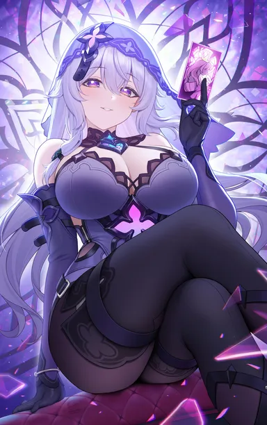 fukuro ko (greentea), honkai: star rail, black swan (honkai: star rail), big breasts, blush, legs crossed, purple background, purple eyes, silver hair, sitting, smile, thigh strap, highres