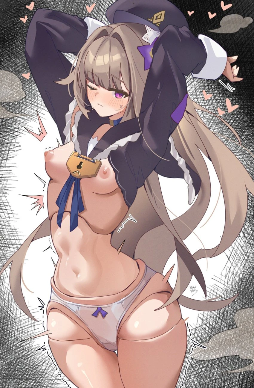 bantomin, honkai: star rail, herta (honkai: star rail), arms up, belly button, blush, breasts, doll, doll joints, hips, looking at viewer, midriff, no bra, panties, small breasts, sweat, thick thighs, thighs, thin waist, wide hips, wink